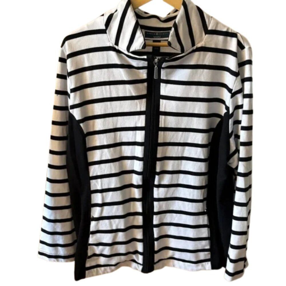 Karen Scott Black & White Striped Jacket | Women’s 2X | 60% Cotton